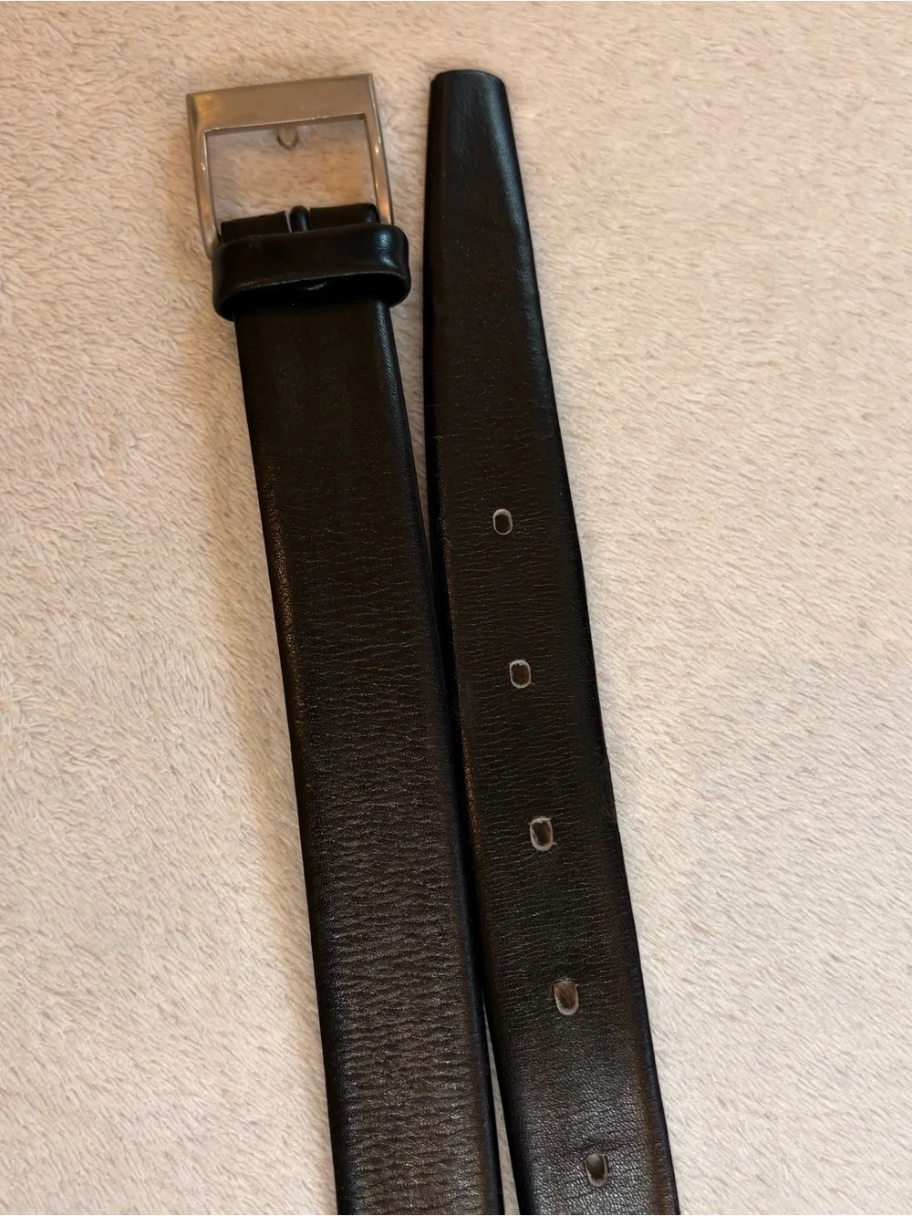 Men's Slim Black French Leather Belt Rectangular Silver Buckle Sz 44